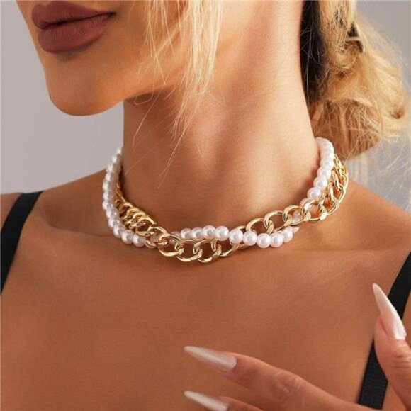 Chunky Pearl Choker Necklace –Vintage Layered Collar Statement Jewelry for Women - Picture 1 of 5